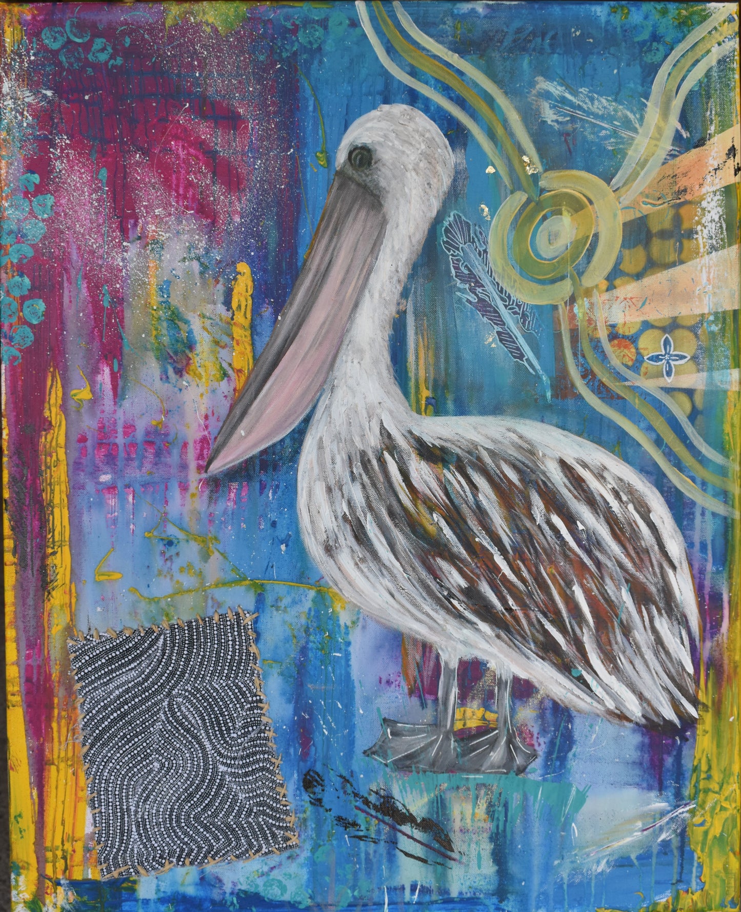 Pelican abstract & Indigenous colab painting on canvas