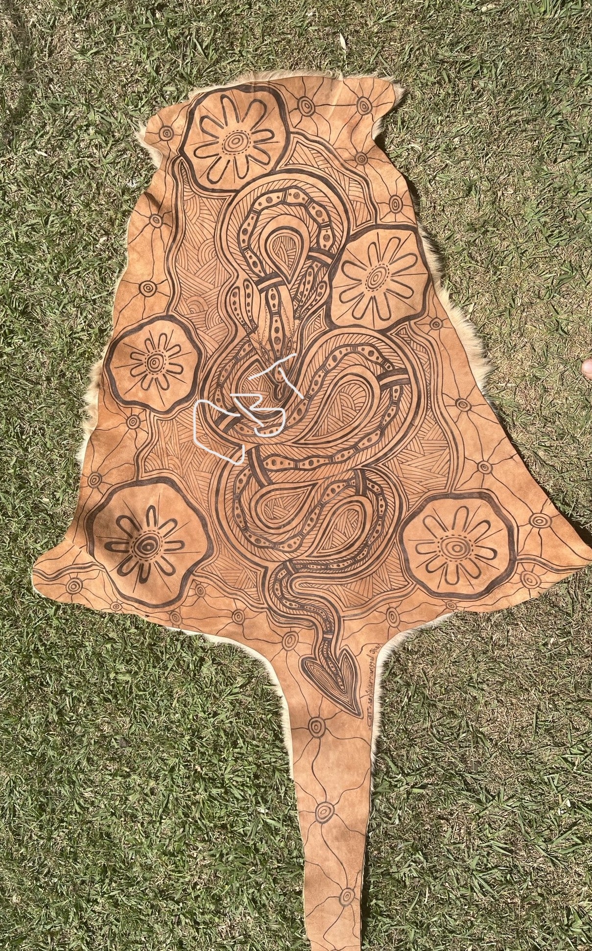 Extra Large Big Red Kangaroo Skin with Indigenous art - Rainbow Serpent